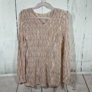 Soft Surroundings Open Crochet Knit Tunic Top M Sheer Peach Gray Coverup Boho